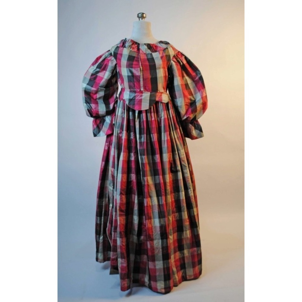 Antique 1830-40's Original Bold Plaid Silk Taffeta Dress Gown Red Black White